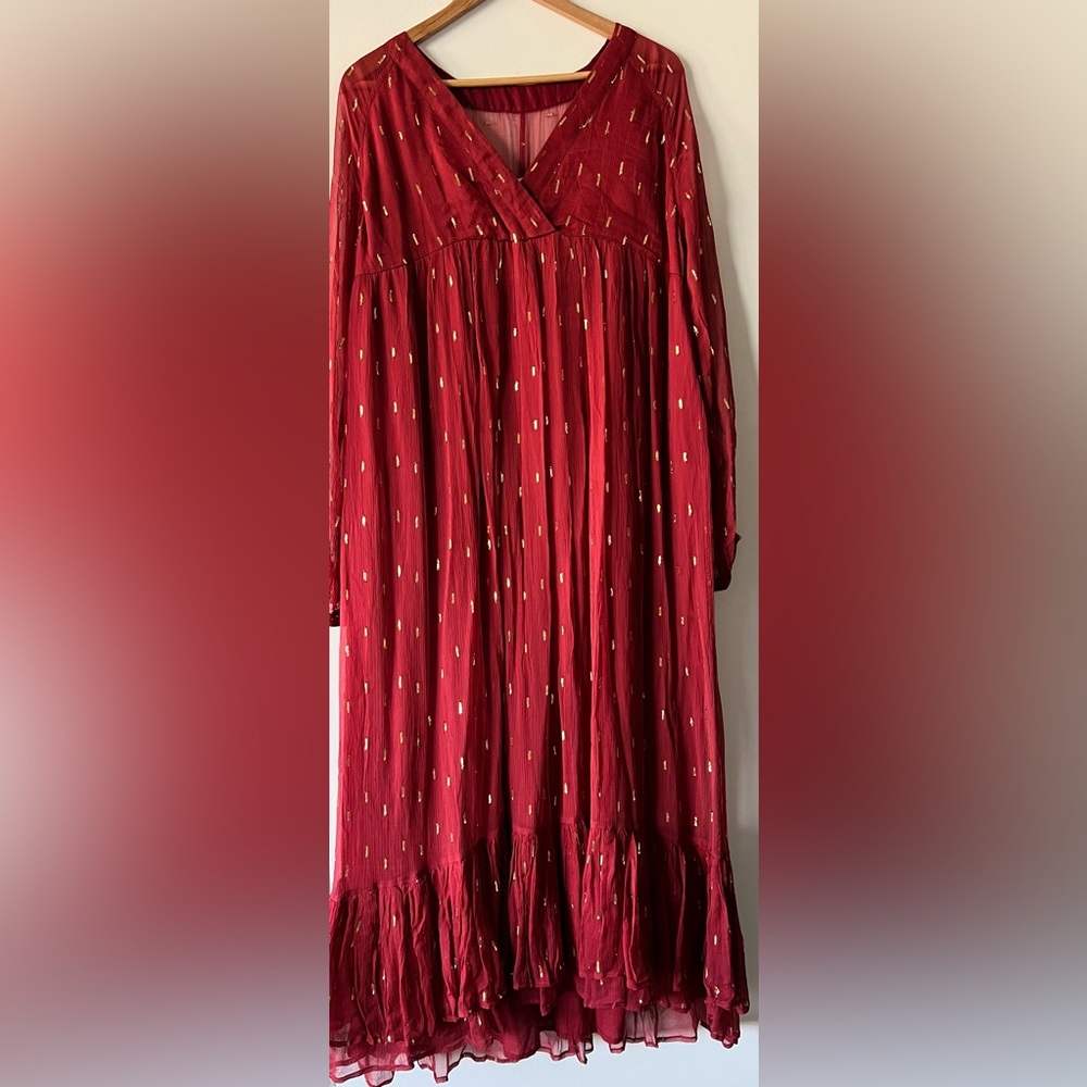 Sézane Celeste Dress - chiffon boho long dress in burgundy-gold EU 38/US 6